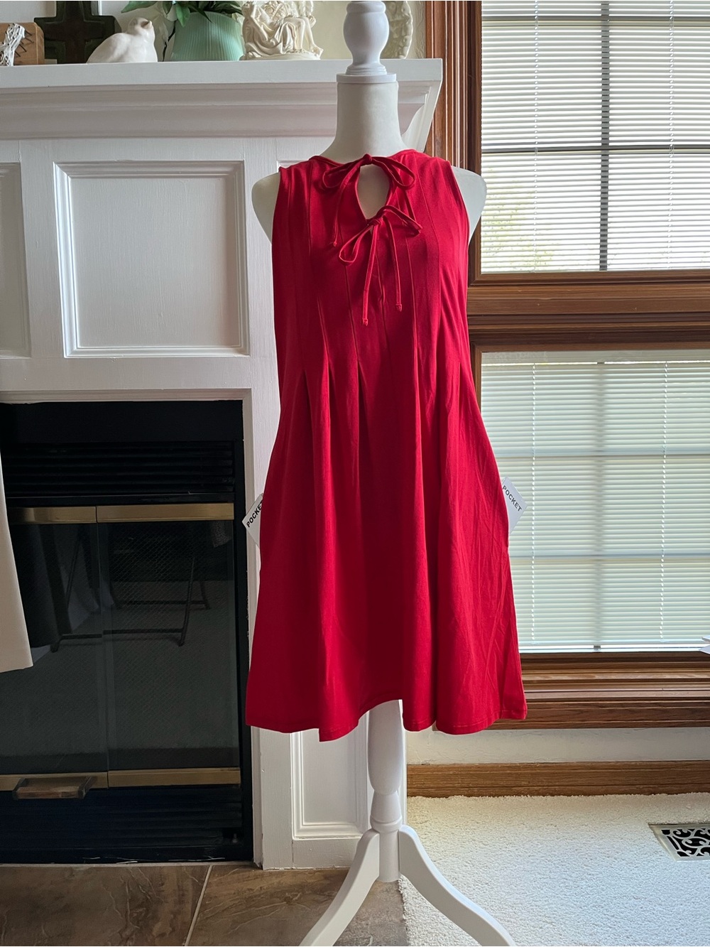 LOFT Maple Cherry Red Bow-Tied Pin-tucked Sleeveless Swing Dress